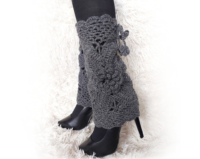 Gray crochet leg warmers with flowers, lace boot cuffs for yoga, boho boot covers, Winter gift for her