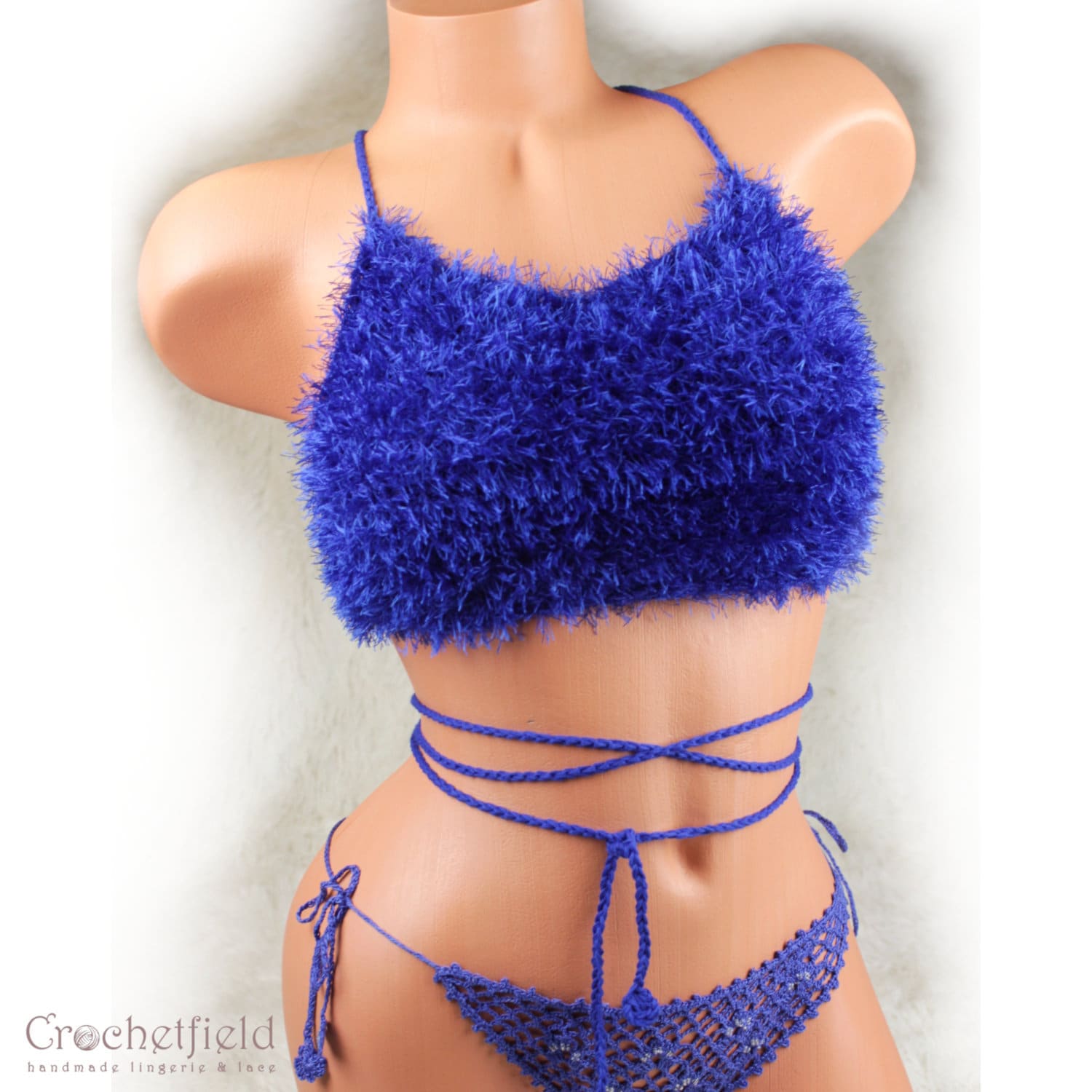 Faux fur royal blue crochet halter top with lace-up back, wrap around,  fluffy festival top, beach crop top, open back party top, furry bra