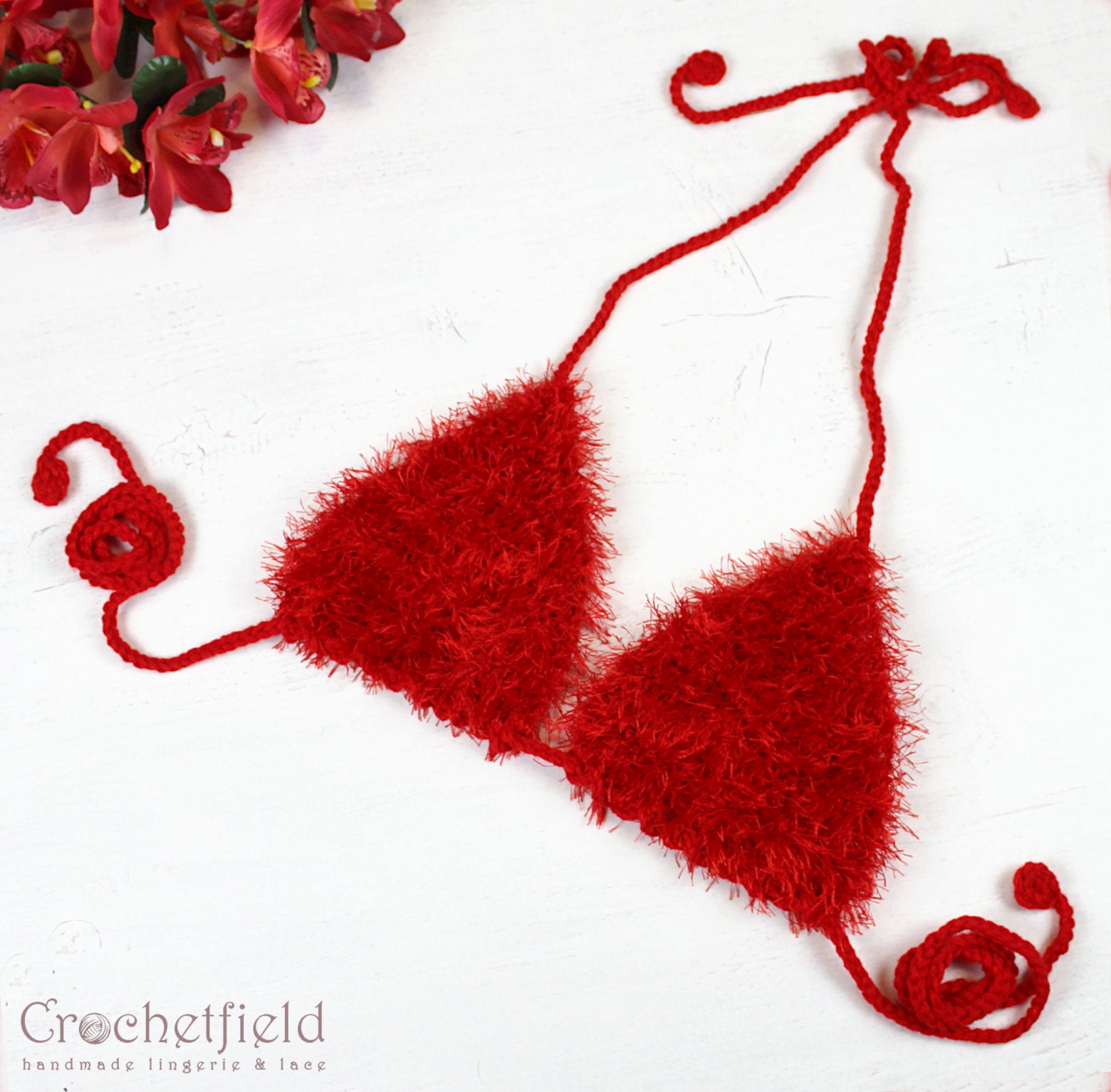 Fluffy faux fur red crochet bra top, furry festival top, beach halter top,  open back party top, fuzzy crop top