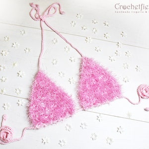 Crochet Faux Fur Bra Top: Fluffy Pink Festival Halter Top