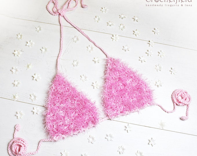 Fluffy faux fur light pink crochet bra top, furry festival top, beach halter top, open back party top, fuzzy crop top