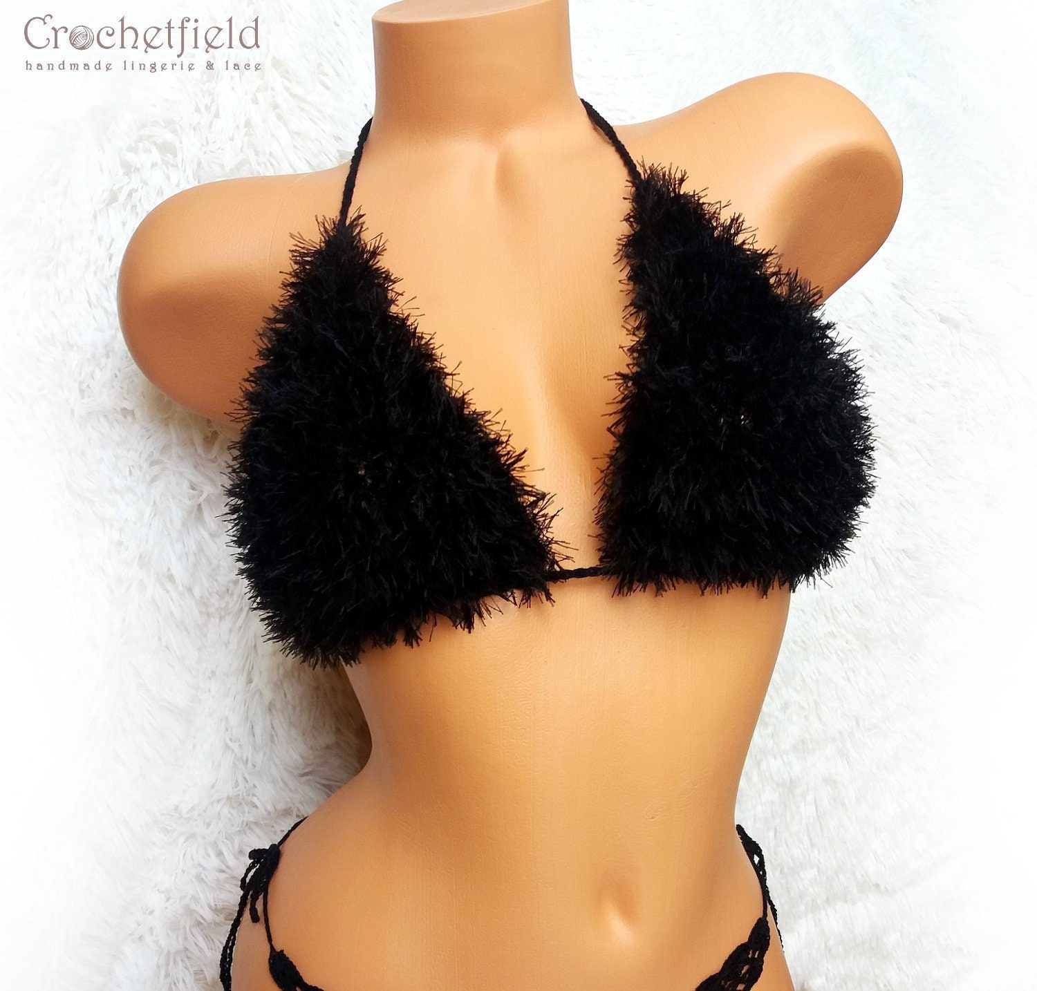 Fluffy Faux Fur White Crochet Bra Top, Furry Festival Top, Beach Halter Top,  Open Back Party Top, Fuzzy Crop Top 