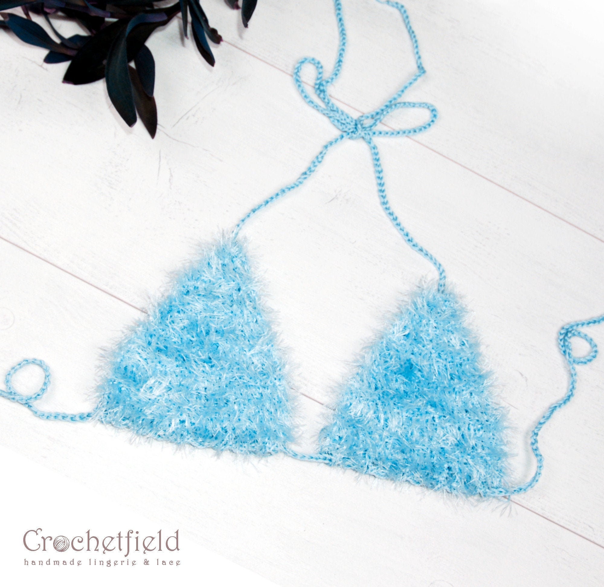 Fluffy faux fur light turquoise crochet bra top, furry festival