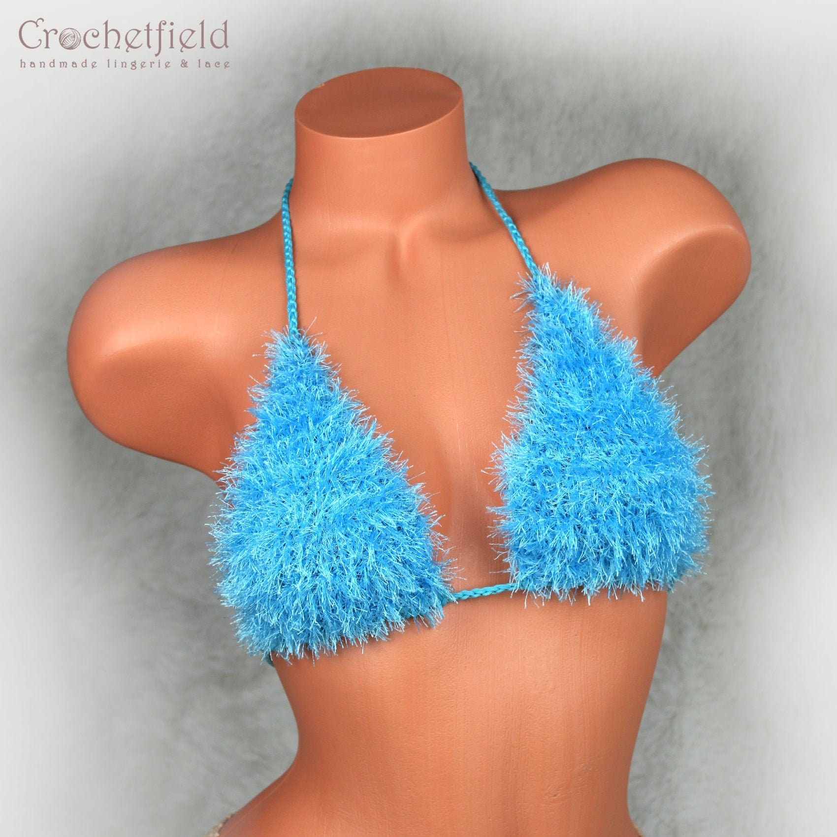 Faux Fur Bra Halter Neck Bralet Lace Up Fluffy Bikini Top Slim Fit