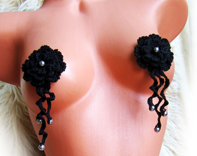 Black flowers beaded nipple pasties with tassels, crochet lace seductive lingerie, nipple covers jewelry, gift for her