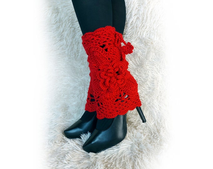 Red crochet leg warmers with flowers, lace boot cuffs, boho boot covers, Gift for her