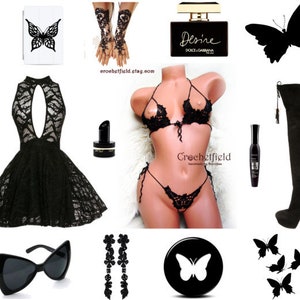 May include: A black lace dress with a keyhole neckline, black lace lingerie set, black sunglasses, black butterfly earrings, black boots, black mascara, and a bottle of perfume labeled "Desire Dolce & Gabbana".