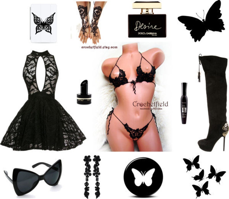 May include: A black lace dress with a keyhole neckline, black lace lingerie set, black sunglasses, black butterfly earrings, black boots, black mascara, and a bottle of perfume labeled "Desire Dolce & Gabbana".