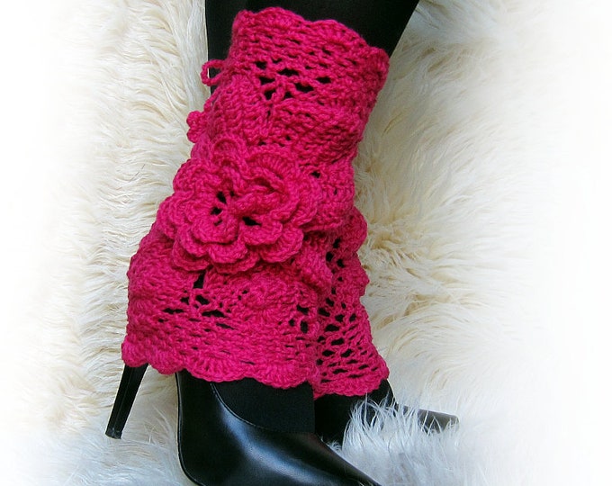 Pink crochet leg warmers with flowers, lace boot cuffs, boho boot covers, Gift for her
