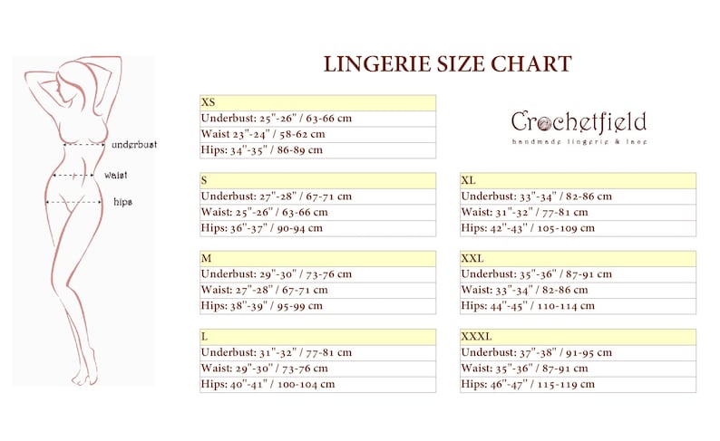 May include: Lingerie size chart with a line drawing of a woman's body showing underbust, waist, and hip measurements. The chart shows sizes XS through XXXL with corresponding measurements in inches and centimeters.