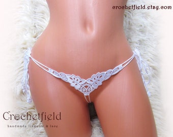 Bridal Embroidery Lace Mini Thong, Crochet Sheer Panties, Handmade Lingerie