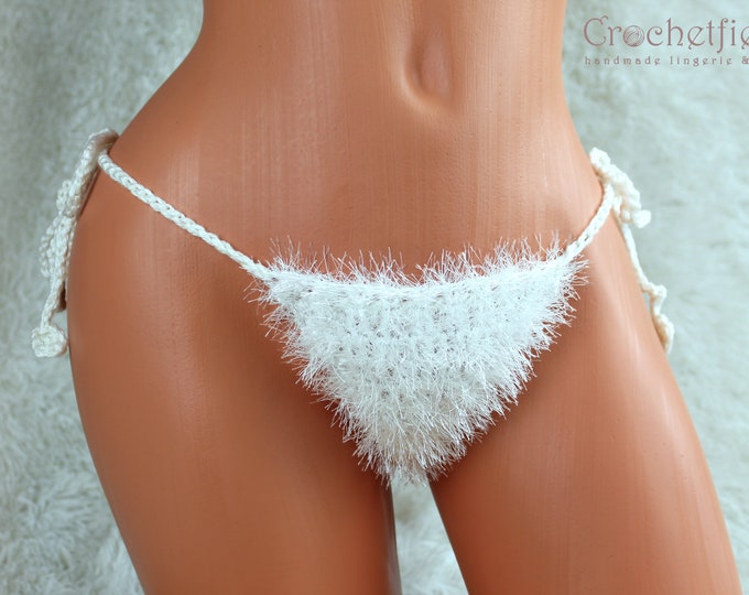 White furry thong, fluffy boho g-string, beach panties, fuzzy g-string, handmade gift for her, beach bikini
