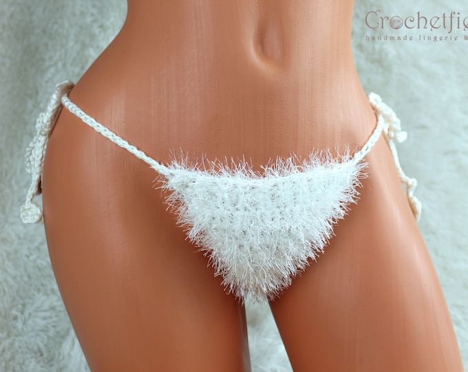 White furry thong, fluffy boho g-string, beach panties, fuzzy g-string, handmade gift for her, beach bikini