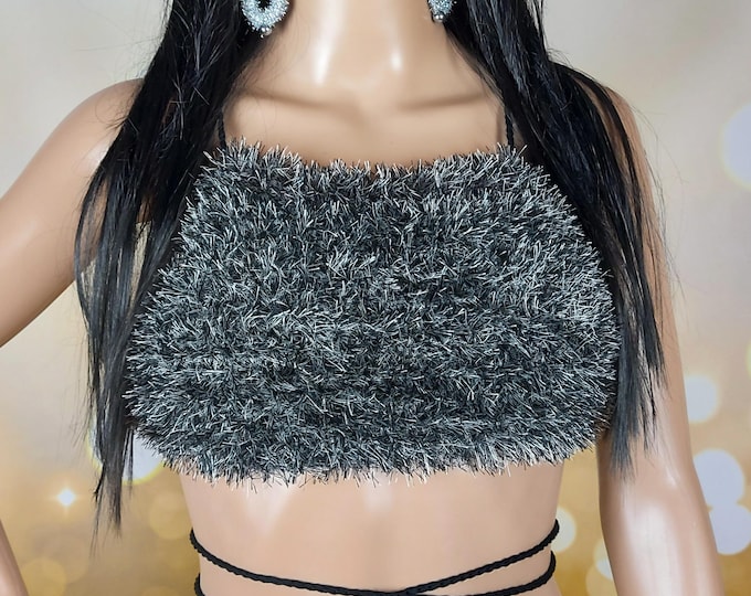 Faux fur black&white crochet halter top with lace-up back, wrap around vest, fluffy festival top, furry beach crop top, open back party top,