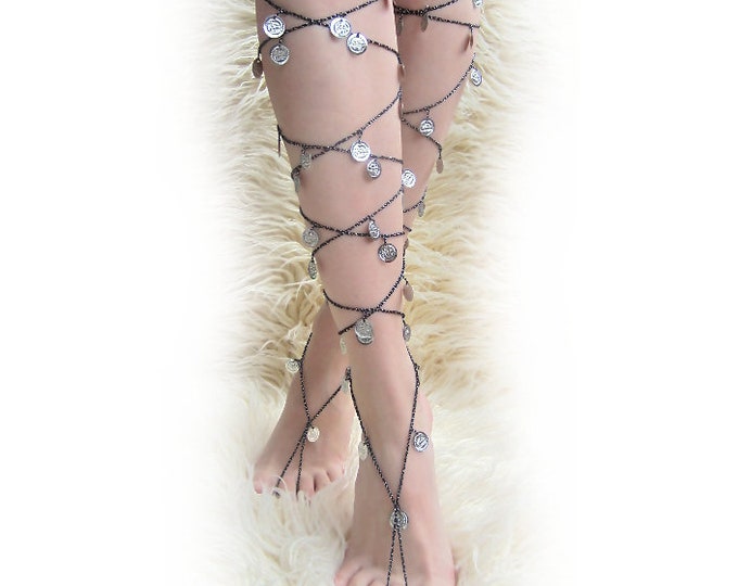 silver COINS Lace Up Barefoot Sandals, knee high sandals, gladiator boots, long boho sandals, leg chain, belly dance leggings