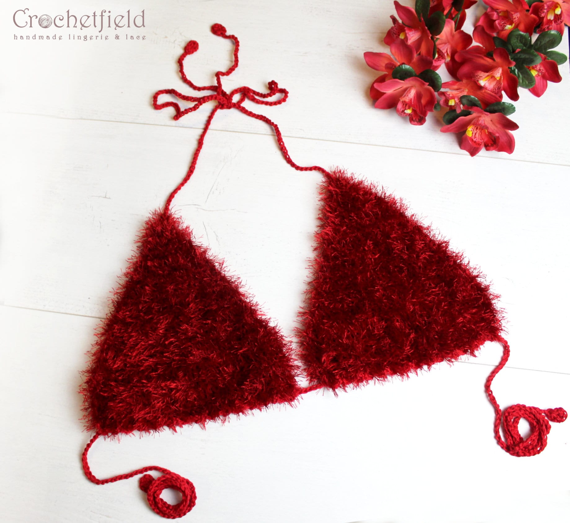 Faux fur dark red crochet bra top, Fur bikini top, furry festival