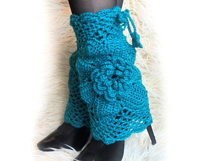 Green crochet leg warmers with flowers, lace boot cuffs, boho boot covers, Gift for her