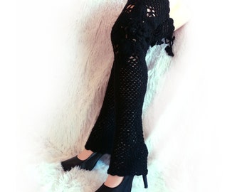 Black Crochet Over Knee Leg Warmers: Boho Thigh High Leggings