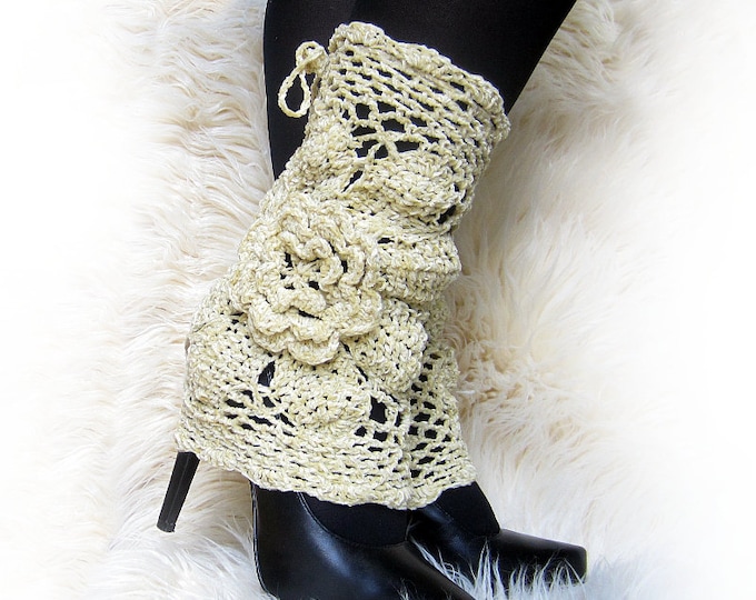 Beige crochet leg warmers with flowers, lace boot cuffs, boho boot covers, Gift for her