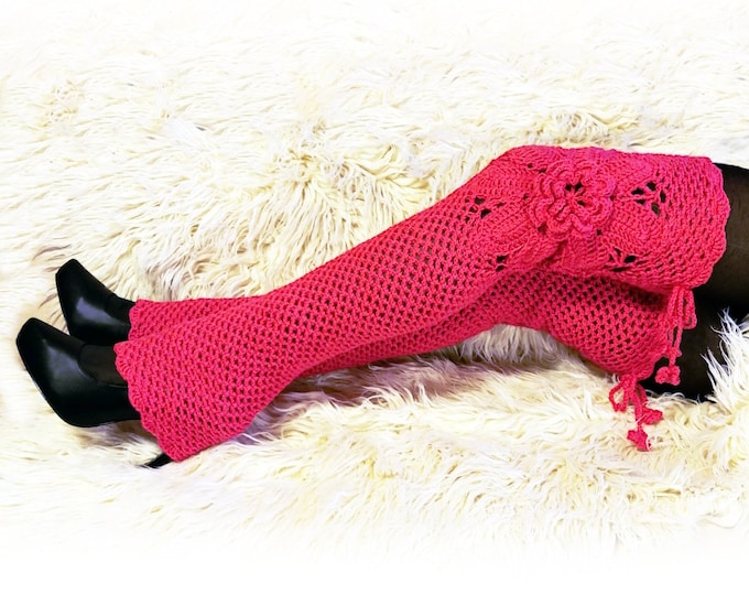 Pink over knee leg warmers, boho thigh high leggings, crochet winter long leg warmers, gift for her