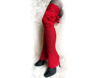 Red over knee Leg warmers with flower, boho thigh high leggings, crochet winter leg warmers, gift for her