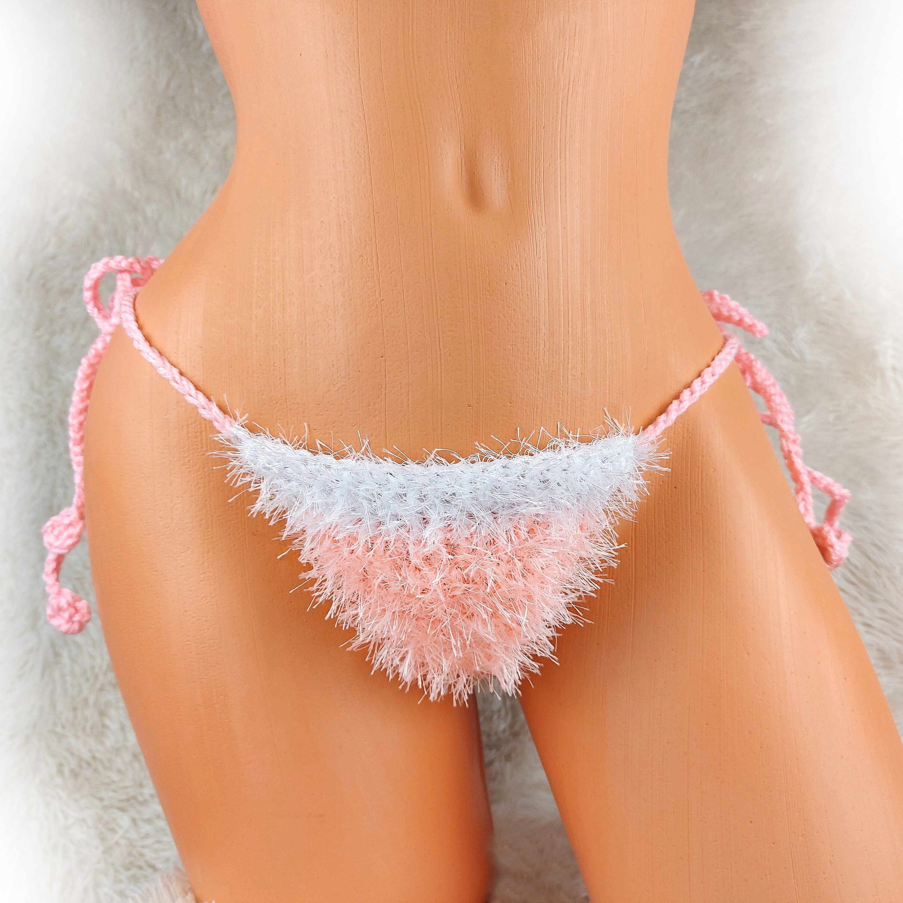 Xmas candy pink fluffy thong, furry boho g-string, Santa beach