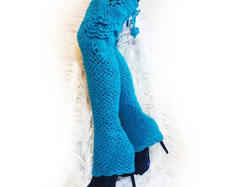 Green over knee leg warmers, boho thigh high leggings, crochet winter long leg warmers, gift for her