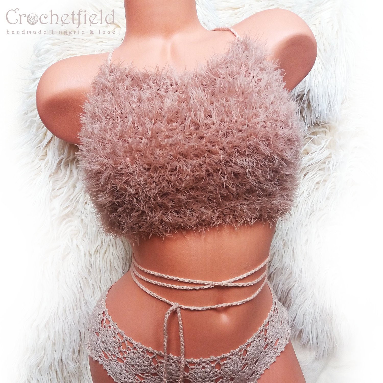 Faux Fur Warm Beige Crochet Halter Top With Lace-up Back, Wrap Around Vest,  Fluffy Festival Top,beach Crop Top,open Back Party Top,furry Bra 