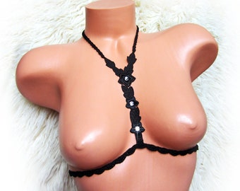 Floral Rhinestone Lingerie Harness, Crochet Body Chain