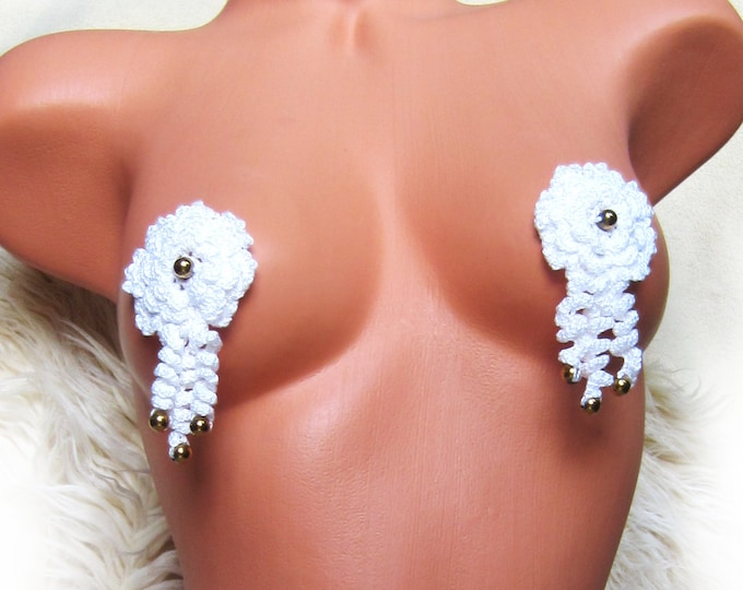 White flowers nipple pasties, beaded nipple tassels, crochet lace seductive lingerie, nipple covers jewelry, gift for her