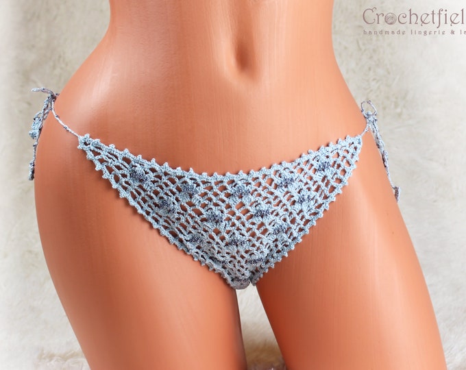Hot blue panties with beads, seductive thong lace lingerie, handmade gift for her, pole dance