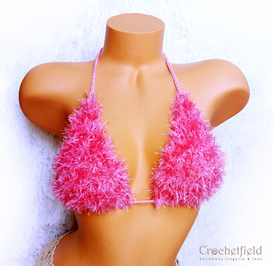 Fluffy Faux Fur Pink Crochet Bra Top, Furry Festival Top, Beach Halter Top,  Open Back Party Top, Fuzzy Crop Top 