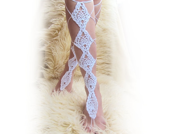 WHITE PINEAPPLE crochet lace up gladiator sandals, beach wedding shoes, steampunk leg wraps, lace leglet, belly dance leggings