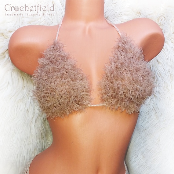 Fluffy Faux Fur Warm Beige Crochet Bra Top, Furry Festival Top