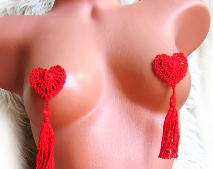 Red HEARTS nipple pasties, hearts nipple tassels, crochet lace seductive lingerie, nipple covers jewelry, gift for her