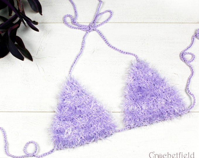 Fluffy faux fur lilac crochet bra top, furry festival top, beach halter top, open back party top, fuzzy crop top