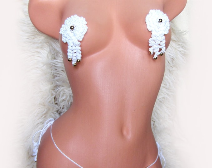 FLOWERS lingerie with nipple pasties, beaded nipple tassels, crochet lace erotic lingerie, nipple covers jewelry, open crotch, gift for her