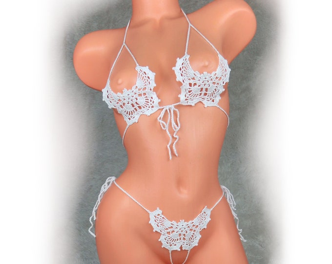 Butterfly open crochet lingerie set, ouvert panties and bra, brazilian bikini, cheeky lingerie, gift for her, mature lingerie