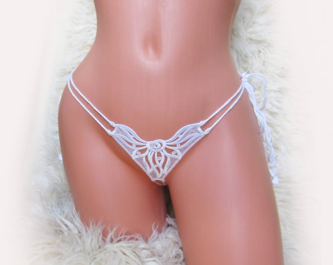 Bridal mini open thong, embroidery lace, crochet sheer panties, extreme micro g-string, handmade gift for her, mature lingerie