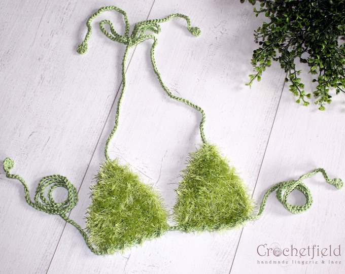 Fluffy faux fur light green crochet bra top, furry festival top, beach halter top, open back party top, fuzzy crop top