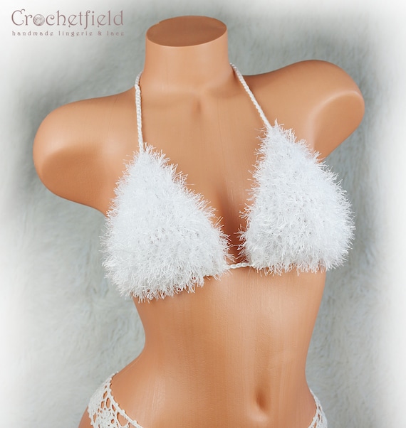 Buy Fluffy Faux Fur White Crochet Bra Top, Furry Festival Top
