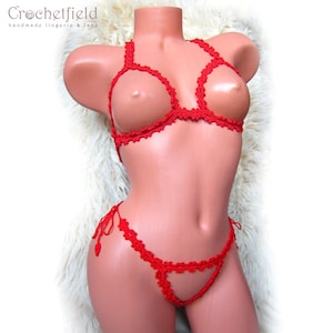 Hot Red Open Crochet Lingerie Set, Handmade Cotton Bikini