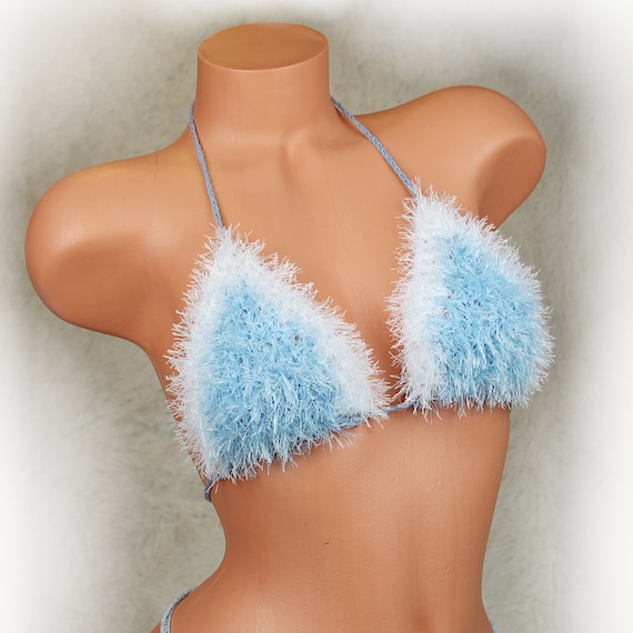 Christmas Fluffy Faux Fur Azure Crochet Bra Top, Santa Cosplay