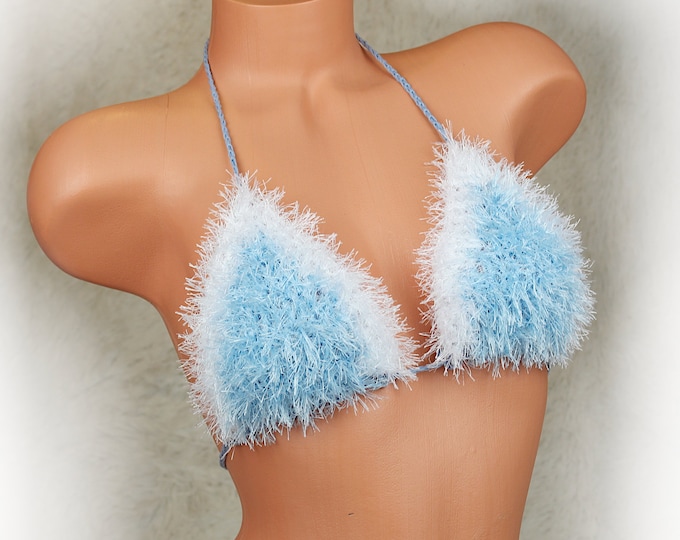 Christmas fluffy faux fur azure crochet bra top, Santa cosplay, furry festival top, open back party top, fuzzy crop top, christmas costume