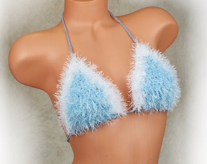 Christmas fluffy faux fur azure crochet bra top, Santa cosplay, furry festival top, open back party top, fuzzy crop top, christmas costume