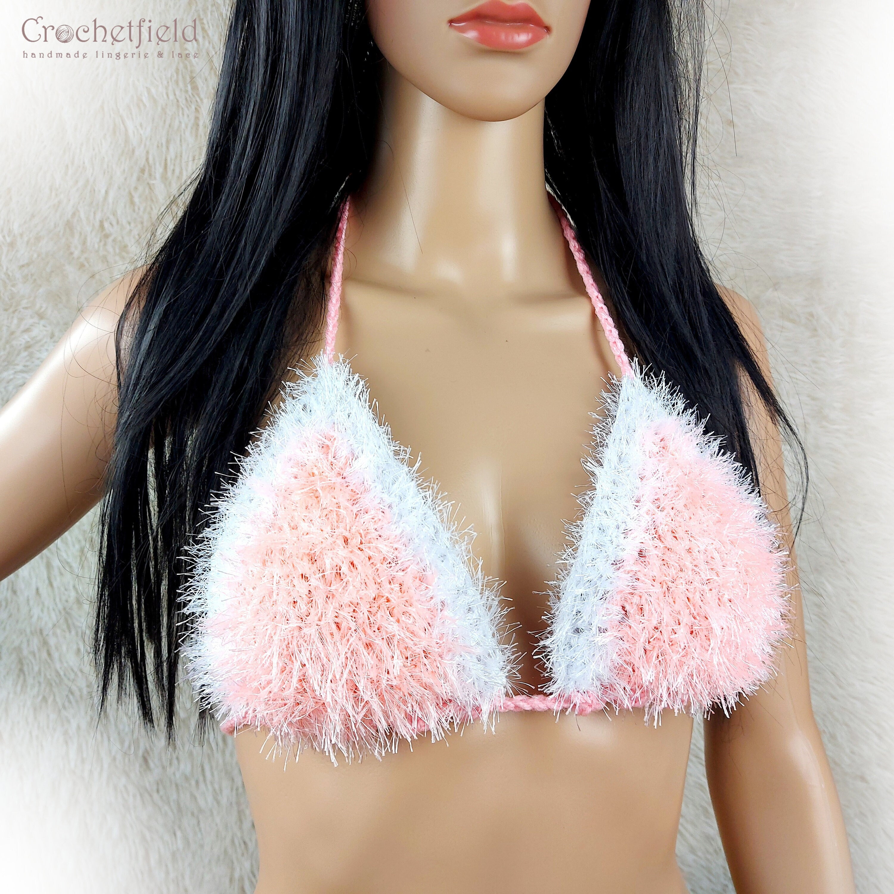 Santa fluffy faux fur candy pink bra top, Christmas cosplay costume, furry  festival top, crochet Xmas party top, fuzzy crop top, Snow Maiden