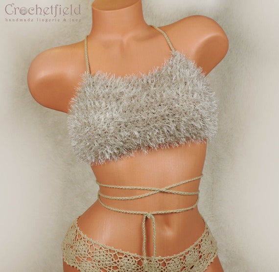 Faux Fur Beige Crochet Halter Top With Lace-up Back, Wrap Around