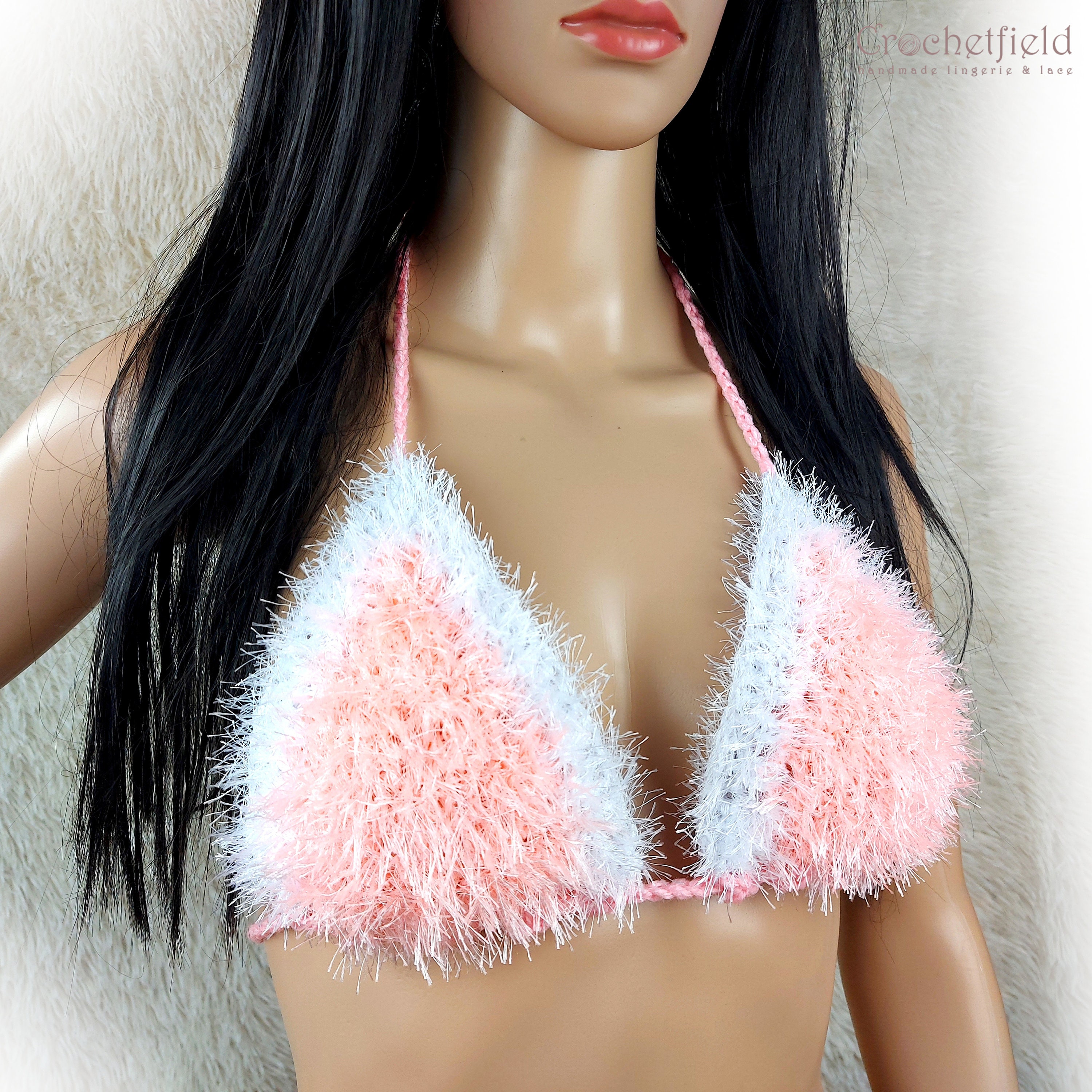 Santa Fluffy Faux Fur Candy Pink Bra Top, Christmas Cosplay