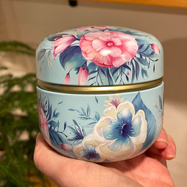 Tea Tin Storage Container with Floral Design, 10 oz Tea Canister for Loose Leaf Tea Storage, Tea Favors, Tea Lover Gift Idea