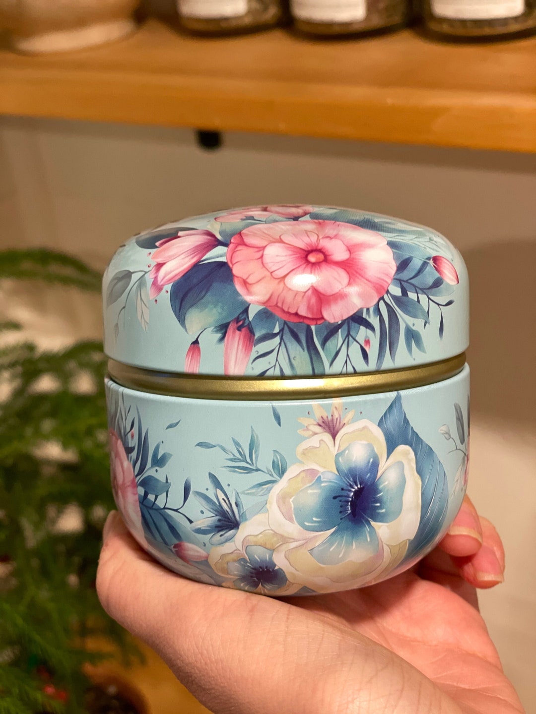 Tea Tin Storage Container With Floral Design, 10 Oz Tea Canister for